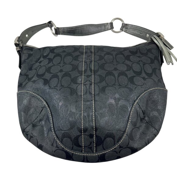 Coach Signature Logo Lurex Hobo Bag 8K37 Black Satchel Shoulder Python Handle - Picture 3 of 9